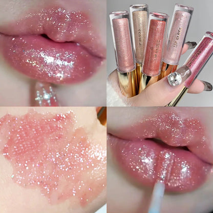 Blushimmer water-glossy lip gloss with moisturizing formula, sparkling finish, and shiny, plump lips in close-up.
