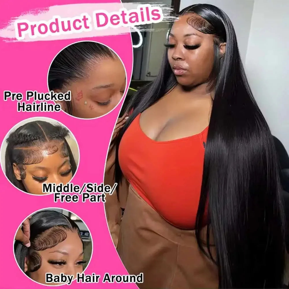 Selvanelle 38-inch straight human hair lace front wig with HD lace, pre-plucked, bone straight, glueless, 13x6 frontal for women