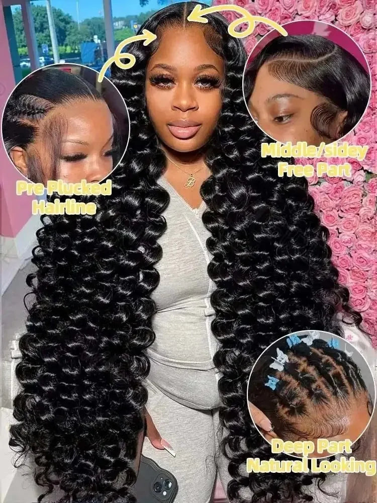 Selvanelle 40-42 inch deep wave human hair frontal wig with HD lace, 13x4 or 13x6, featuring loose deep curls for women.