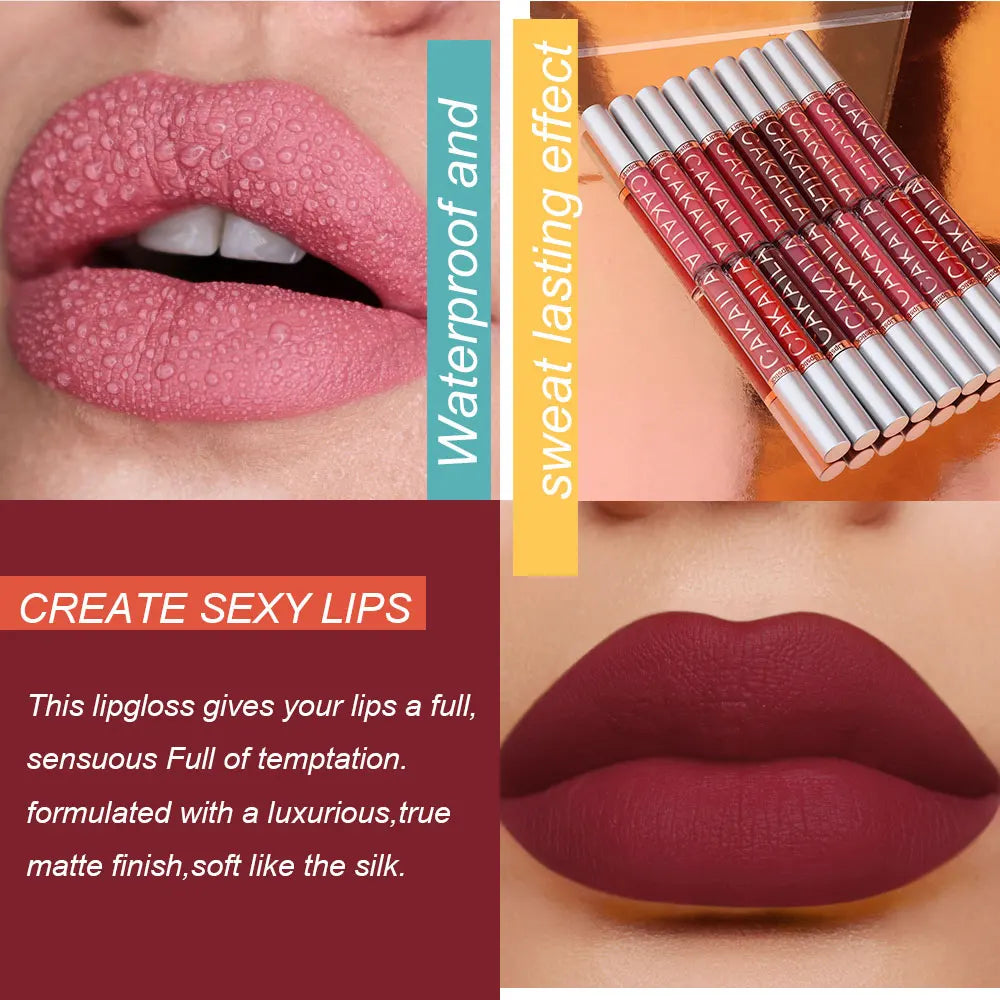 Set of 10 Blushimmer matte liquid lipsticks and lip oils in nude, red, and pink shades with waterproof, long-lasting, non-transfer velvet finish
