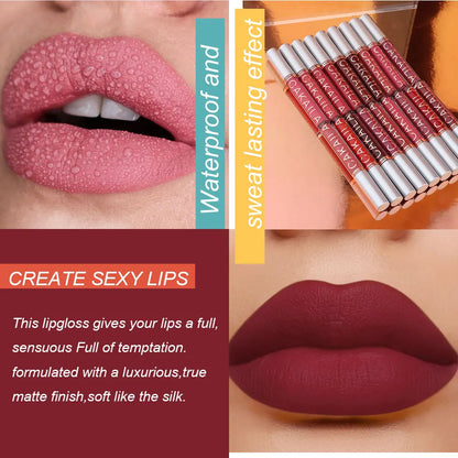 Set of 10 Blushimmer matte liquid lipsticks and lip oils in nude, red, and pink shades with waterproof, long-lasting, non-transfer velvet finish