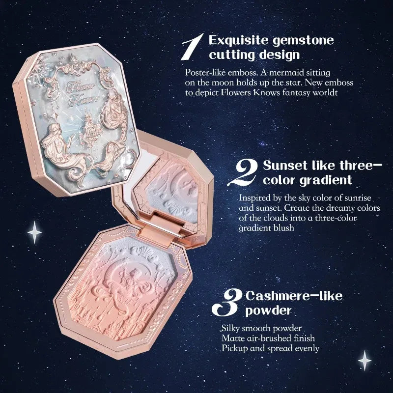 Blushimmer Flower Knows Moonlight Mermaid blush powder with gradient pink shades, matte finish, vegan and cruelty-free makeup.