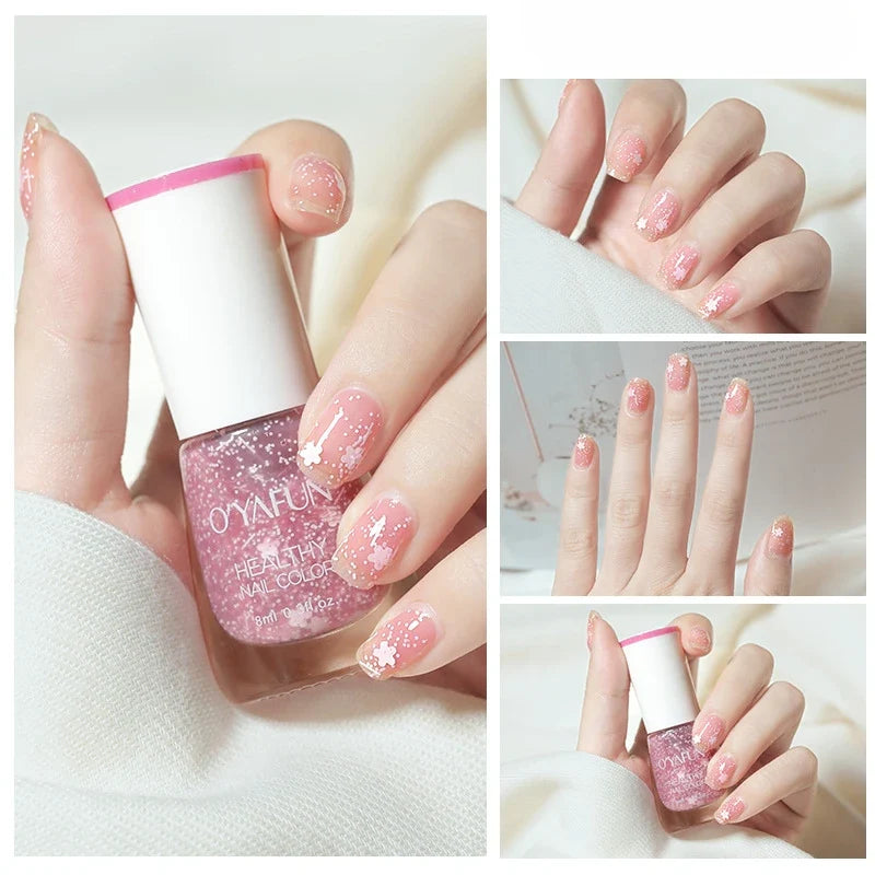 Blushimmer no-bake nail polish with glitter sequins and quick-dry formula, displayed on a nail art practice sheet.