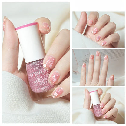 Blushimmer no-bake nail polish with glitter sequins and quick-dry formula, displayed on a nail art practice sheet.