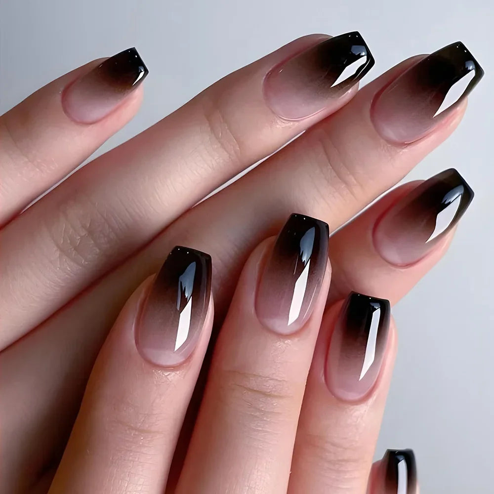 Set of 24 pink and white gradient square false nail tips with French press design and jelly glue by Blushimmer
