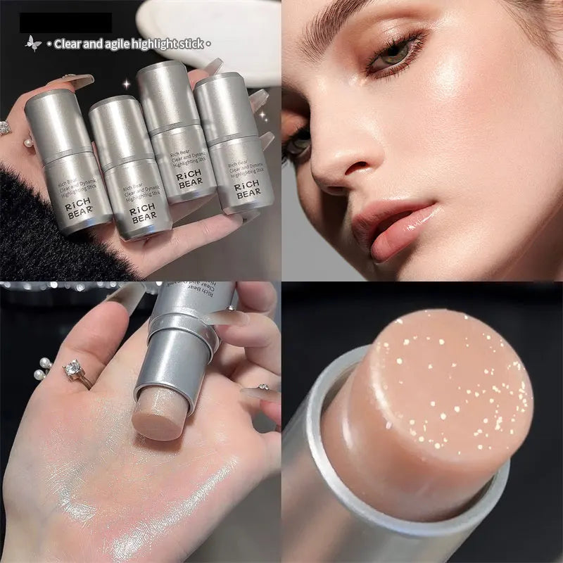 Blushimmer highlighter stick with pearlescent finish for brightening and contouring the eyes, creating a natural, shimmering glow.