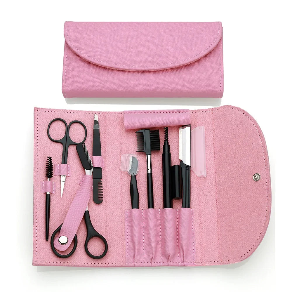 Set of 8 professional stainless steel eyebrow trimming tools including tweezers, combs, and cutters by Blushimmer.