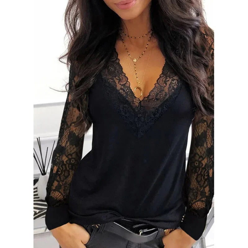 Lace V-Neck T-shirt for women in white and black, slim fit, stylish spring/summer women's fashion from Achieve Beautiful.