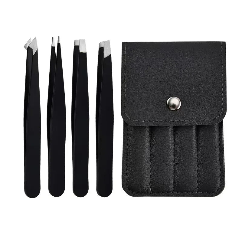 Black stainless steel eyebrow tweezer with slant and flat points, ideal for eyebrow shaping and ingrown hair removal by Blushimmer.