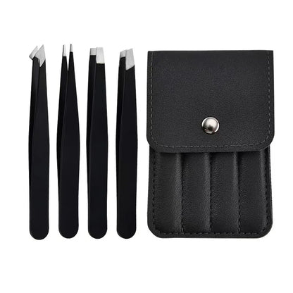 Black stainless steel eyebrow tweezer with slant and flat points, ideal for eyebrow shaping and ingrown hair removal by Blushimmer.
