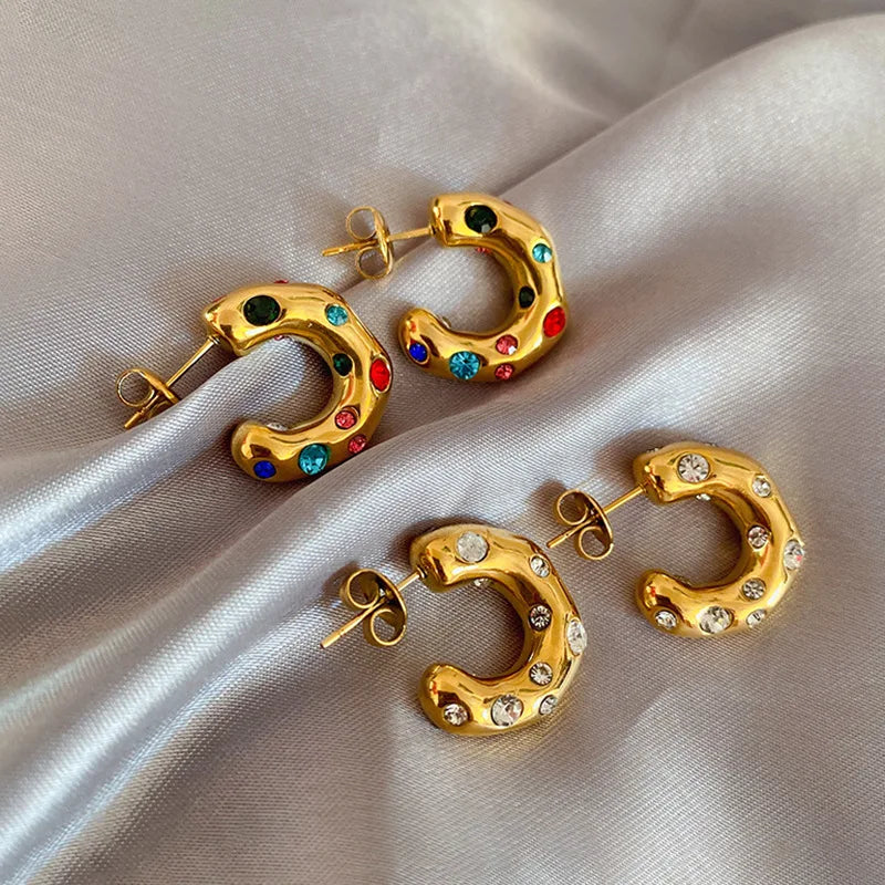 Retro Personality Colorful Zircon C Shape Stud Earrings for Women Charm Gold Color Stainless Steel Crystal Dangle Jewelry Gift