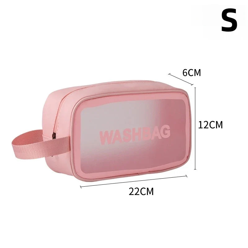 Transparent waterproof travel wash bag by Blushimmer with large capacity cosmetic organizer for women, featuring multiple compartments.