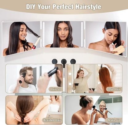 Blushimmer 3-way LED makeup mirror with lights, adjustable height hooks, and 360° rotation for DIY haircuts.