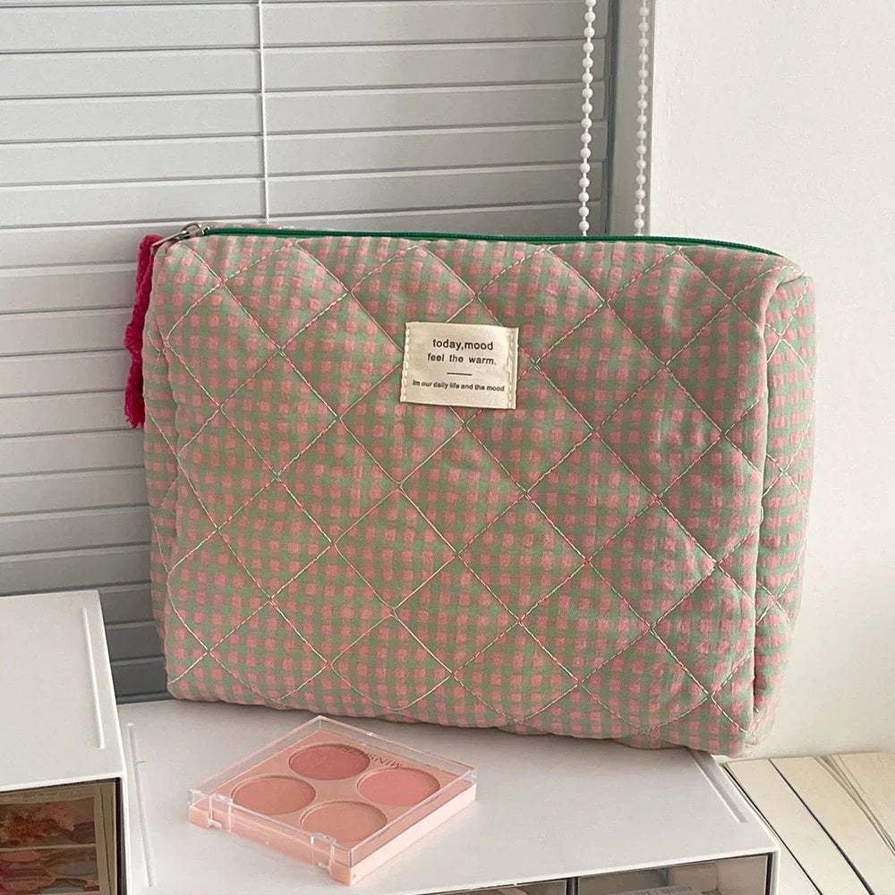 Blushimmer Airfriend pink cosmetic bag with soft fabric, girl’s toiletry organizer for makeup and travel essentials.