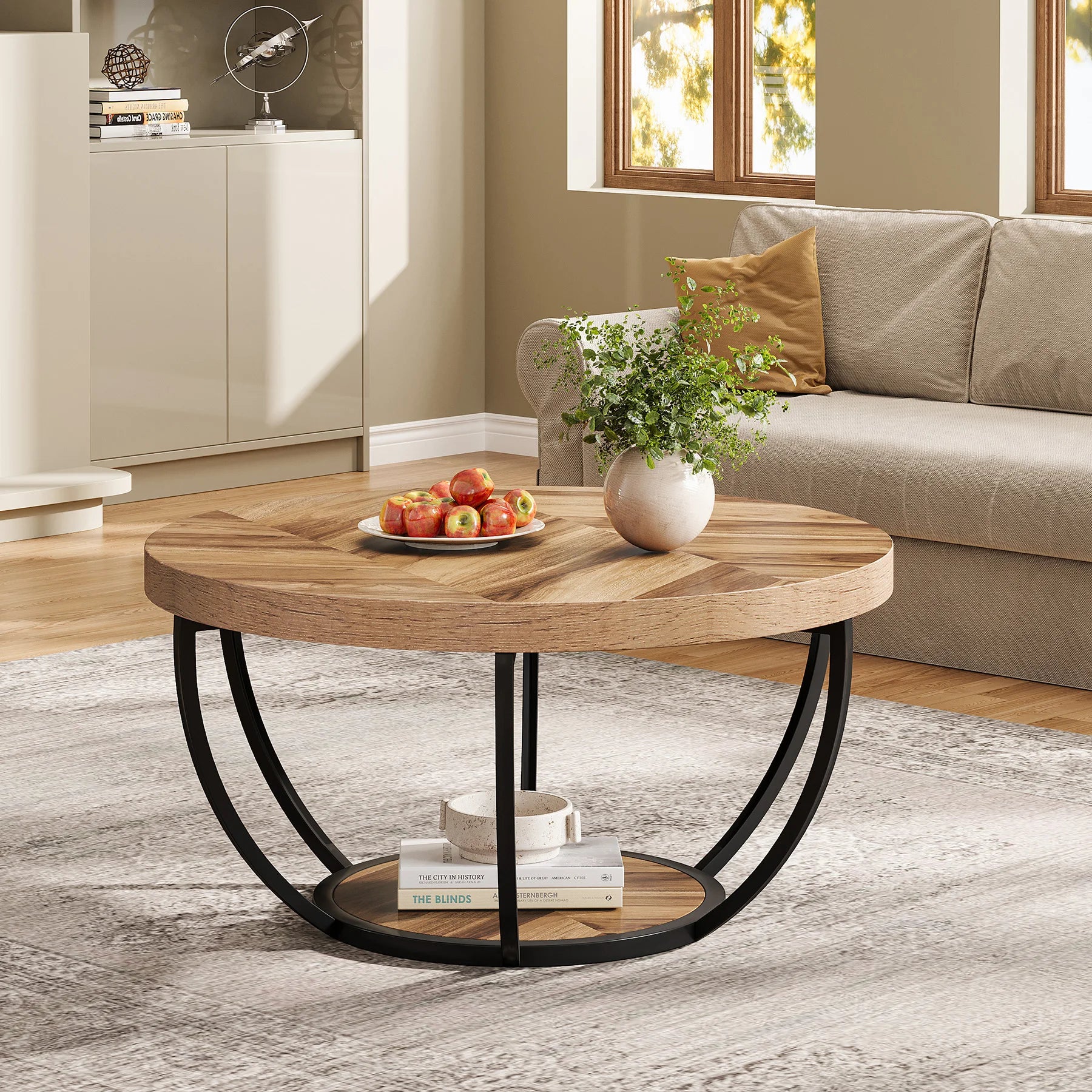 Tribesigns 31.7" Round Coffee Table, Industrial 2-Tier Circle Coffee Table with Storage Shelves, Modern Wooden Accent Center Tab