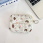 Cute cartoon travel cosmetic and makeup pouch by Blushimmer, featuring compartments for lipstick, earphones, and cards.