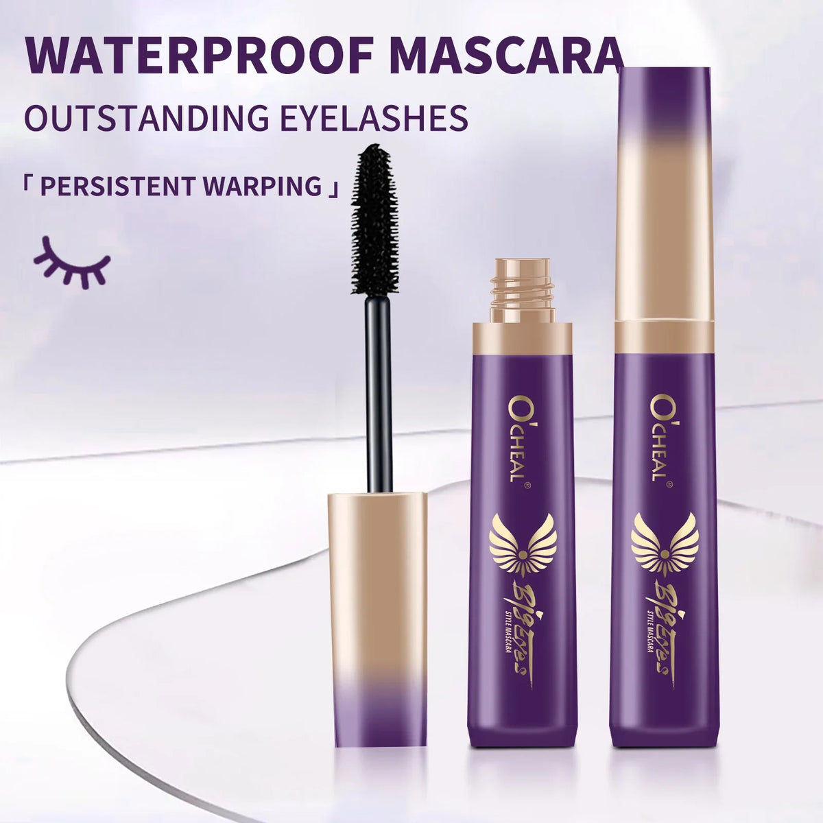 Blushimmer O‘cheal black mascara with 3D silk brush, curling and lengthening eyelashes, shown with the mascara wand and brush applicator.