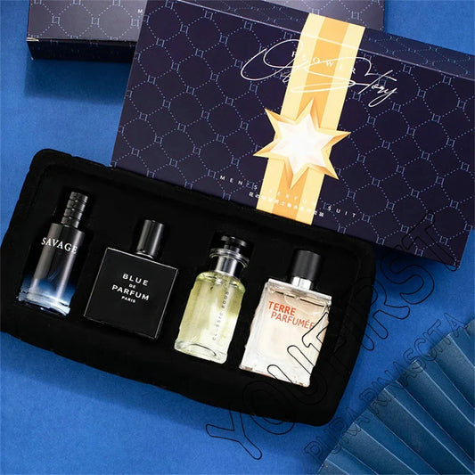 Blushimmer luxury men's perfume set with four 100ml floral fruity colognes in elegant gift box, natural masculine scent sprays