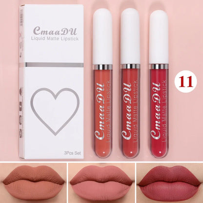 Blushimmer 3-piece matte lipstick and lip gloss set with long-lasting, waterproof, non-fading formulas on a neutral background.