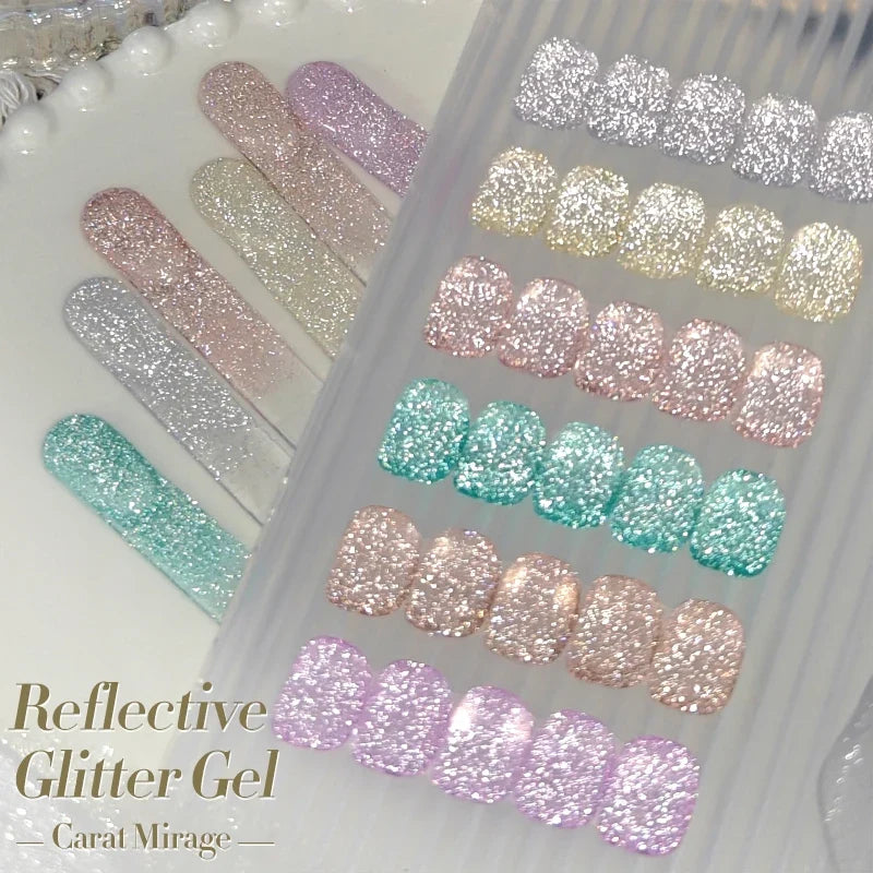 Silver carat glitter gel nail polish by Blushimmer with sparkling reflective finish, ultra-shine UV soak-off gel for nail art.