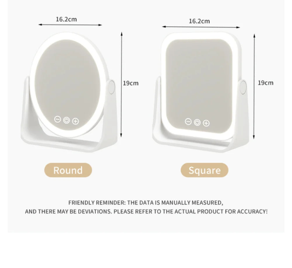 Blushimmer LED makeup mirror with touch dimming, 3x magnifier, portable rechargeable vanity mirror on a desk.