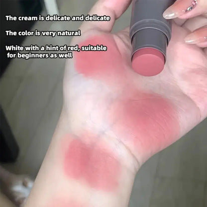 Blushimmer double head sponge powder blusher and lip rouge stick in natural matte finish, dual-use for cheeks and lips.