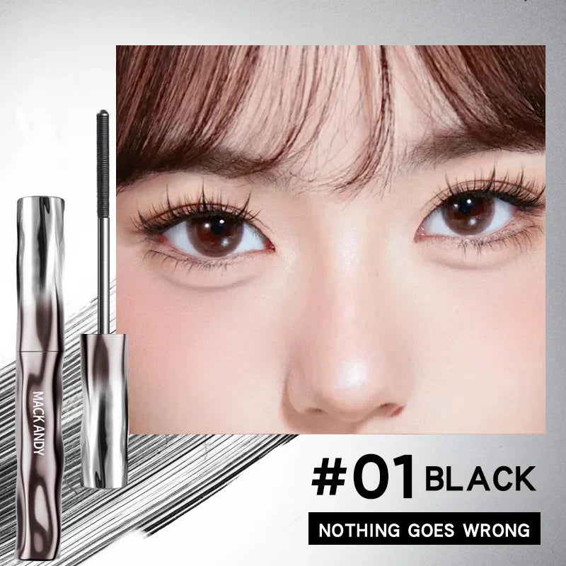 Blushimmer Mackandy Waterproof 3D Lengthening Mascara in black, showing a close-up of the mascara wand and black mascara on eyelashes.