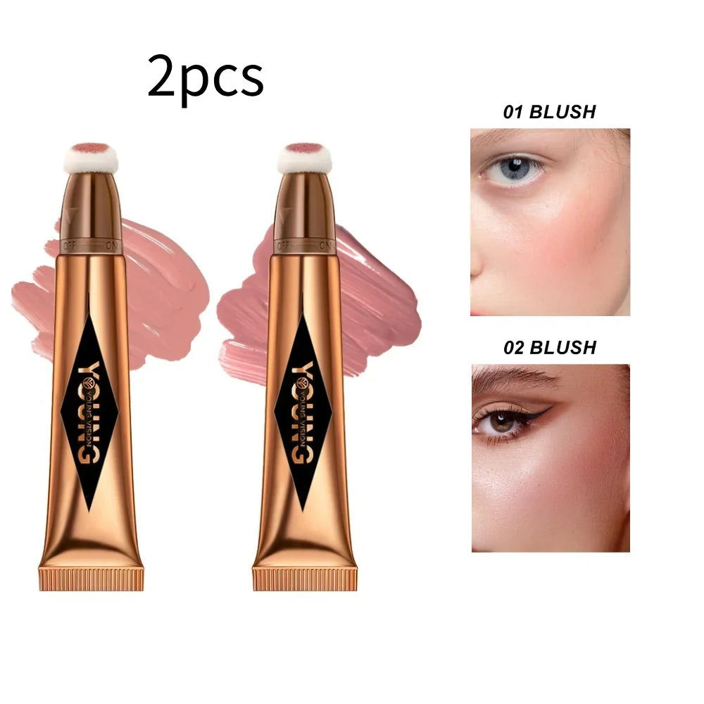 Blushimmer Young Vision air cushion powder blusher in high gloss stick, featuring six color options with liquid rouge finish.