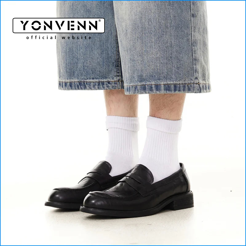 Elegant slip in loafers for men classic commuting square toe genuine cowhide derby formal dress leather shoes