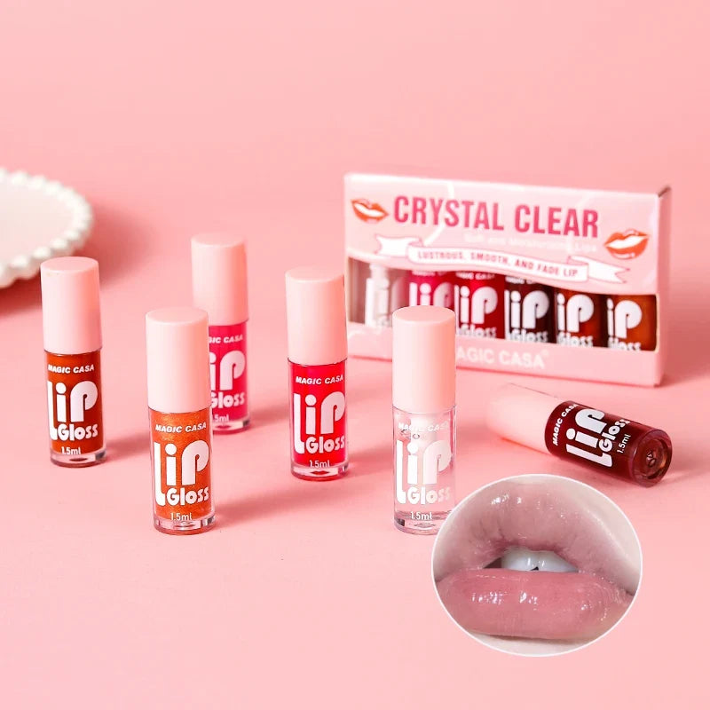 Blushimmer Magic Casa 6-piece Water-Gloss Jelly Lip Oil set with plumping and hydrating properties, ideal as a makeup base.