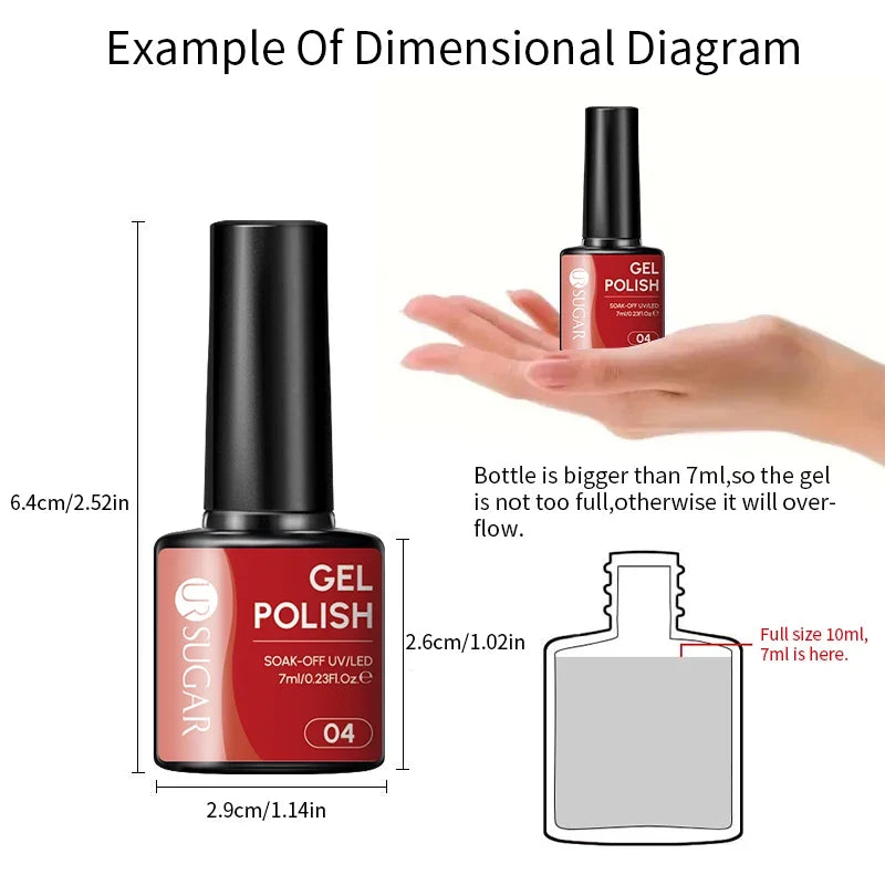 Blushimmer UR SUGAR 7ml gel nail polish set with nude, pink, red, and glitter shades for semi-permanent UV gel manicures.