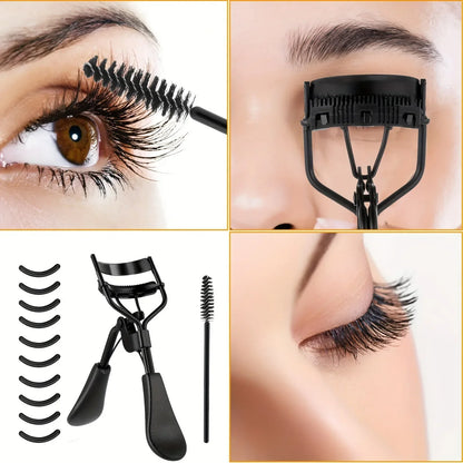 Blushimmer eyelash curler set with replacement pads, tweezers, clips, mascara wands, and brush for women’s makeup application.