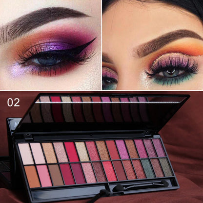 Blushimmer Matte Shimmer Eyeshadow Palette with 28 waterproof colors and dual-ended brush for professional makeup looks.