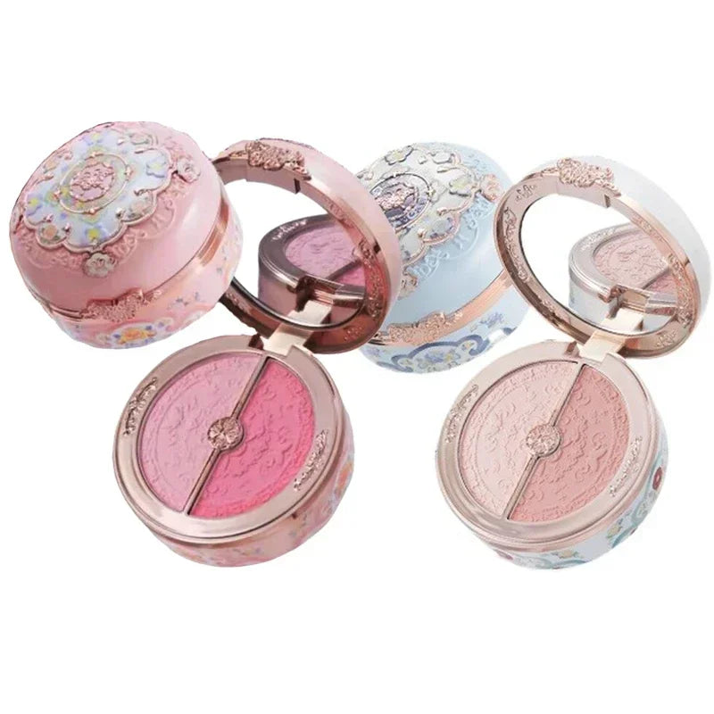 Blushimmer Flower Knows Blusher Butterfly Cloud Collar Collection rouge duo in peach for dark skin with matte finish on cheek makeup.