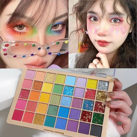 Blushimmer colored eyeshadow set with 40 matte and pearlescent shades in green, blue, pink, perfect for festival makeup looks.