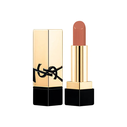 YSL Rouge Pur Couture Satin Lipstick Mini in Nu Muse, moisturizing long-lasting lipstick with nourishing ceramides, 1.3g.