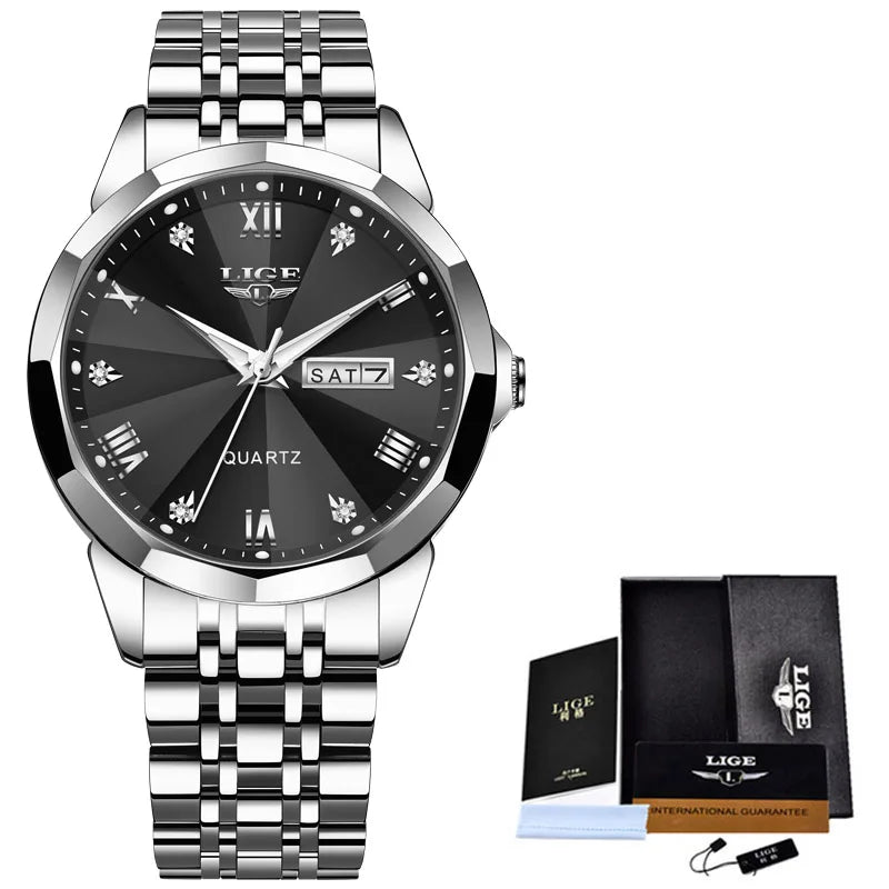 LIGE women's quartz waterproof wristwatch with a sleek design, suitable for casual, sport, and military-inspired looks.