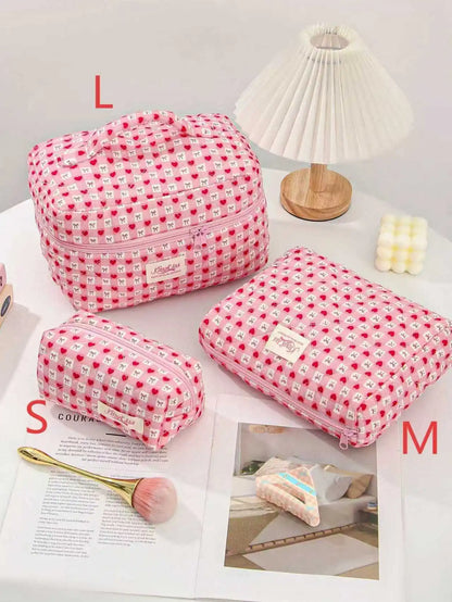 Cute quilted cotton makeup bag by Blushimmer, zipper cosmetic organizer with cloth hand-held design and box shape for girls.