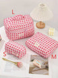 Cute quilted cotton makeup bag by Blushimmer, zipper cosmetic organizer with cloth hand-held design and box shape for girls.