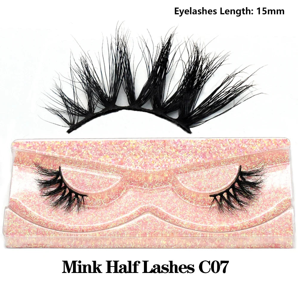 Close-up of Blushimmer 3D Mink Fluffy Half False Eyelashes with clear band, natural soft look, lightweight, reusable short eye strip lashes