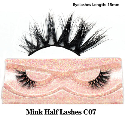 Close-up of Blushimmer 3D Mink Fluffy Half False Eyelashes with clear band, natural soft look, lightweight, reusable short eye strip lashes
