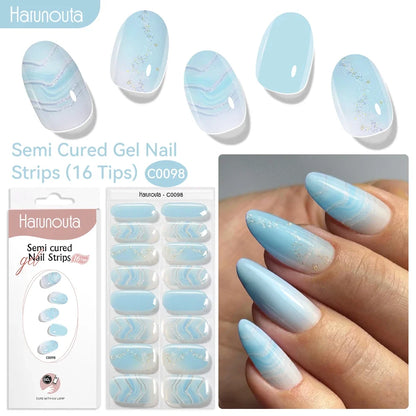 Blushimmer Harunouta 16-strip gradient red marble gel nail strips with gold lines for DIY gel polish, UV/LED compatible