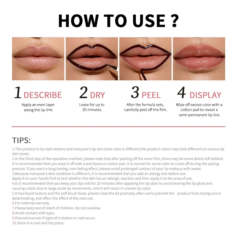 Blushimmer long-lasting waterproof peel-off lip stain and lip liner in matte finish, showing the product's sleek packaging and applicator