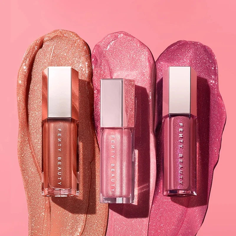 Fenty Beauty mauve pink waterproof liquid lip gloss and lip stain on lips, featuring a glossy nude pink finish, by Blushimmer.