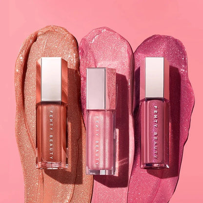 Fenty Beauty mauve pink waterproof liquid lip gloss and lip stain on lips, featuring a glossy nude pink finish, by Blushimmer.