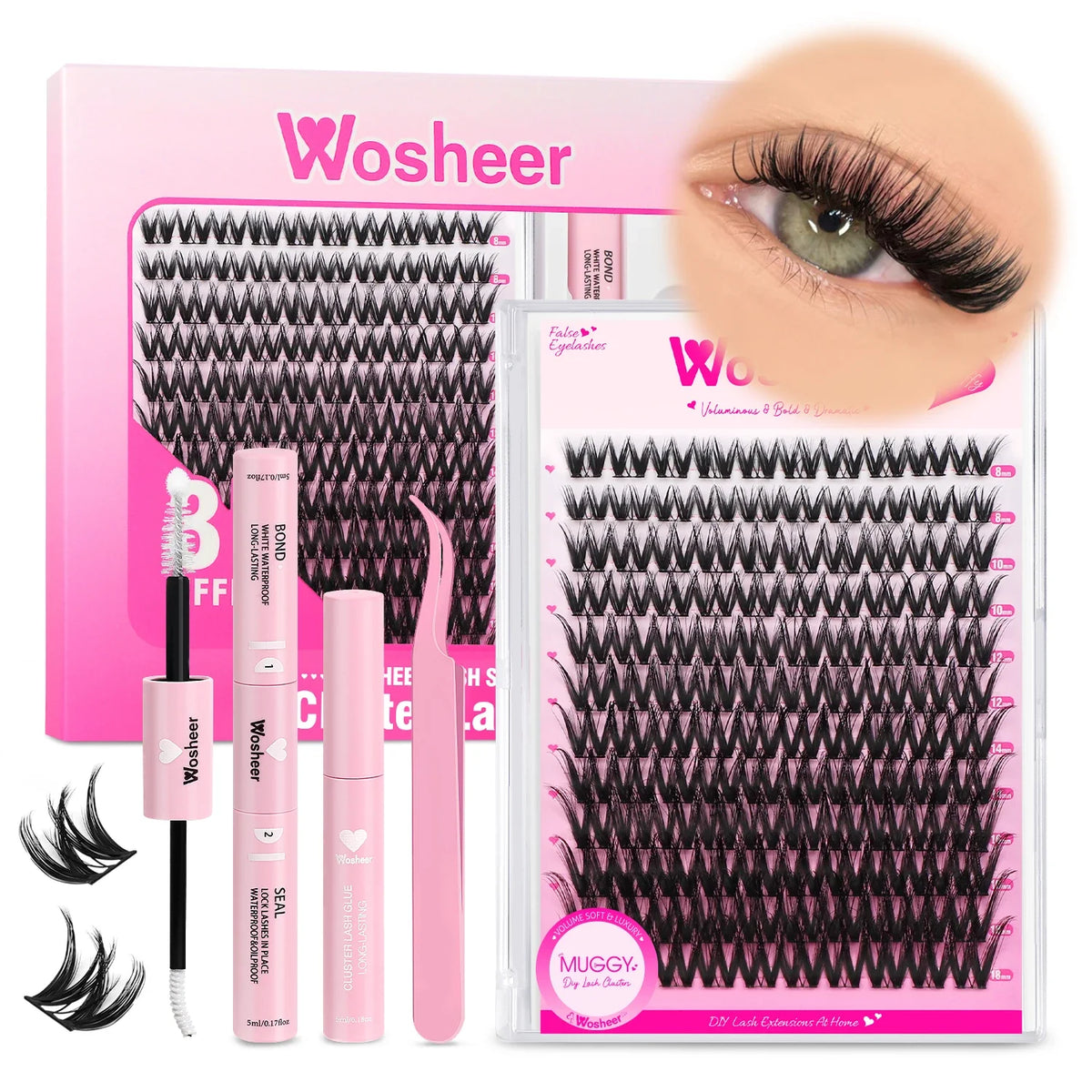Blushimmer WOSHEER eyelash clusters kit with faux mink lashes, lash bond, seal, remover, for DIY eyelash extension application.