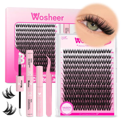 Blushimmer WOSHEER eyelash clusters kit with faux mink lashes, lash bond, seal, remover, for DIY eyelash extension application.