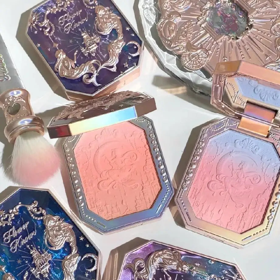 Blushimmer Flower Knows Moonlight Mermaid cheek blush powder in matte finish, vegan and cruelty-free, with a gradient pink and peach shade.