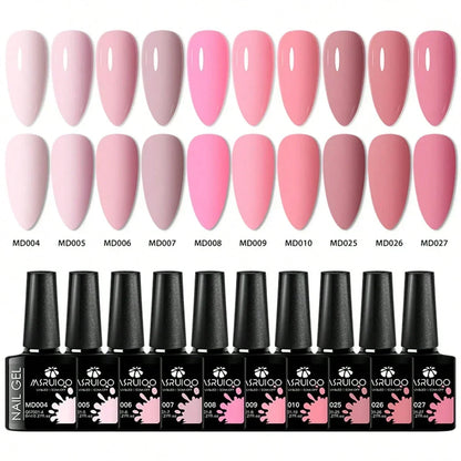 Blushimmer 10-piece gel nail polish set with vibrant colors, HEMA-free, suitable for UV/LED nails, long-lasting hybrid gel manicure kit.