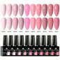 Blushimmer 10-piece gel nail polish set with vibrant colors, HEMA-free, suitable for UV/LED nails, long-lasting hybrid gel manicure kit.